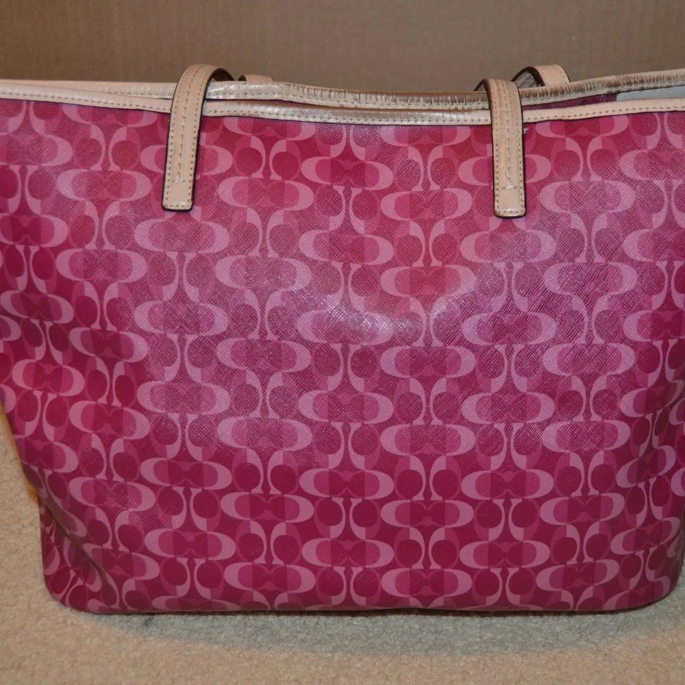 AUTH COACH SIGNATURE SUMMER PINK 25673 PARK METRO COATED LG SHOPPER TOTE PURSE